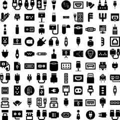 Wall Mural - Collection Of 100 Connector Icons Set Isolated Solid Silhouette Icons Including Power, Cable, Electricity, Plug, Connection, Connector, Technology Infographic Elements Vector Illustration Logo