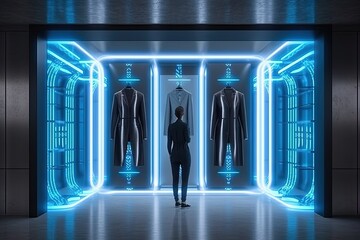 Quantum wardrobe of the future futuristic system equipped with quantum teleportation capabilities, allowing to instantly wear any outfit illustration generative ai