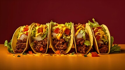 Wall Mural - Beef tacos on red background - Generative AI