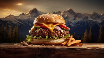 Wall Mural - Hamburger with mountains in the background - Generative AI