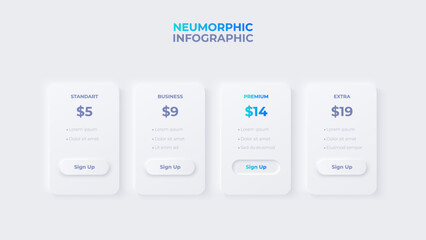 Neumorphism price table concept. Pricing or subscription plan ui web elements