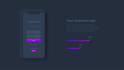 Aufkleber - Smartphone with login form for app development. Concept of mobile application. Dark neumorphic design mockup