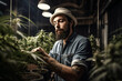 © alexkoral - male worker in greenhouse for cultivation and production of legal medical marijuana cannabis. Generative AI