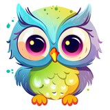 Fototapeta Pokój dzieciecy - Colorful owlet sitting set illustration. Cute owlet collection sitting on a white background. Baby owl with cute eyes and colorful feathers. Owlet sitting set design. Generative AI.