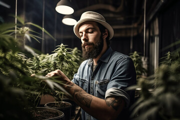 male worker in greenhouse for cultivation and production of legal medical marijuana cannabis. Generative AI