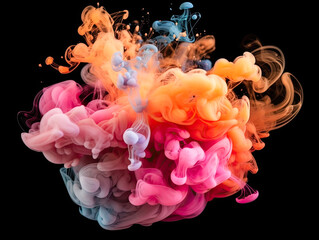 Swirling neon colored smoke puff cloud design element isolated on black background Generative AI