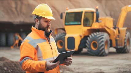 Close-up portrait of a male worker in a safety helmet and uniform holding an electronic tablet in front of a bulldozer in a sand pit. Generative AI