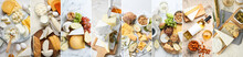 Collage Of Delicious Cheese And Snacks With Wine On Light Background