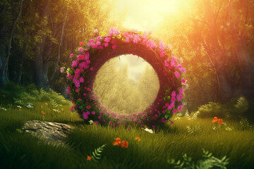 Canvas Print - magical circle arch of pink flowers in garden