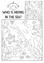 Wall Mural - Vector dot-to-dot and color activity with cute dolphin hidden in landscape. Under the sea connect the dots game for children with funny water animal. Ocean life coloring page for kids with fish.
