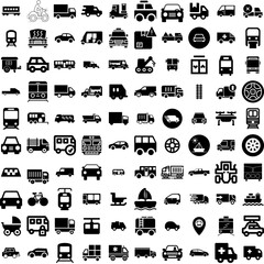 Collection Of 100 Transport Icons Set Isolated Solid Silhouette Icons Including Truck, Plane, Car, Cargo, Ship, Transportation, Transport Infographic Elements Vector Illustration Logo