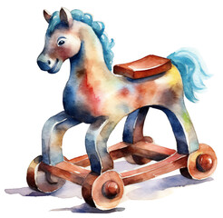 Wall Mural - Toy, watercolor, horse on wheels. Watercolor toy for a child. Isolated on a transparent background. KI.