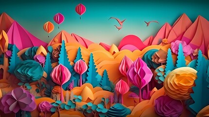 Wall Mural - Paper craft whimsical fantasy landscape with gradient fade colors. 3D abstract background with paper cut shapes. Colorful carving art. Ai generative