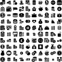 Collection Of 100 Coins Icons Set Isolated Solid Silhouette Icons Including Currency, Money, Cash, Gold, Business, Coin, Finance Infographic Elements Vector Illustration Logo