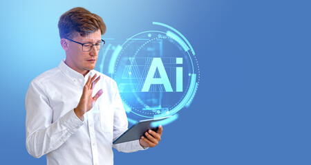Poster - Serious businessman with tablet, AI interface