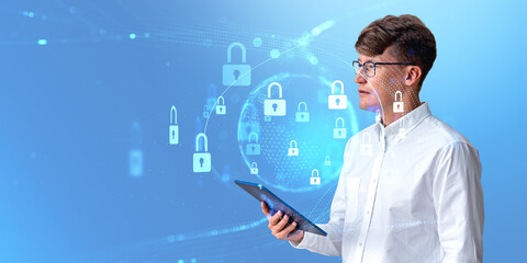 Poster - Businessman with tablet, cybersecurity lock interface