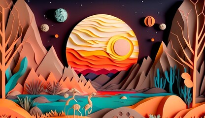 Wall Mural - Paper craft whimsical fantasy landscape with gradient fade colors. 3D abstract background with paper cut shapes. Colorful carving art. Ai generative