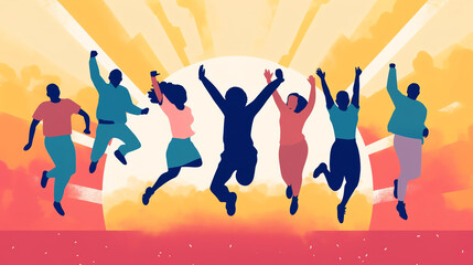 AI generated: Happy group of people jumping on a white background. The concept of friendship, healthy lifestyle, success. Vector illustration in a flat style