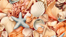 Summer Time Theme Of Assorted Colorful Sea Shells With Beautiful Starfish Lay Flat Composition, Top View. Generative Ai