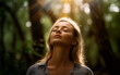 Blonde woman breaths fresh air on the forest. Generative AI.