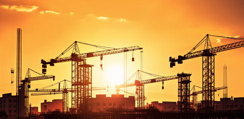 silhouettes on construction cranes against orange sunset sky, building industry concept. wide banner