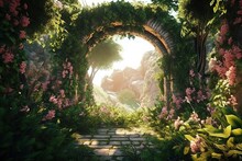 Unreal Fantasy Landscape With Trees And Flowers. Garden Of Eden, Exotic Fairytale Fantasy Forest, Green Oasis. Generative AI
