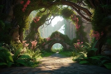 Wall Mural - Unreal fantasy landscape with trees and flowers. Garden of Eden, exotic fairytale fantasy forest, Green oasis. Generative AI