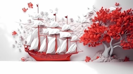 Wall Mural - Paper craft whimsical fantasy illustration of red sail ship, caravelle in the sea. Ai generative