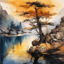 Watercolor Landscape Mountains Lone Tree Of A Water Lake Generative Ai