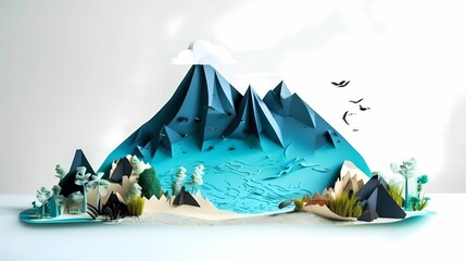 Wall Mural - Paper craft illustration of Volcano island in the ocean with big mountain. Ai generative