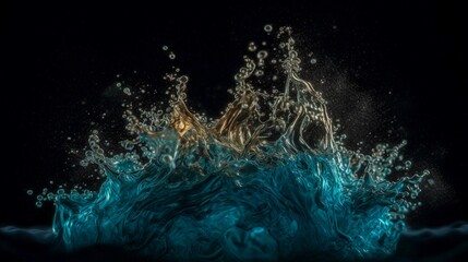 Splash of blue and yellow water on a black background.  Generative AI.