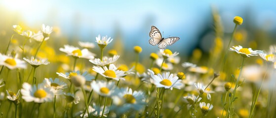 Sticker - Beautiful wild flowers daisies and butterfly in morning in sunlight in spring, close-up macro. Delightful airy summer natural banner