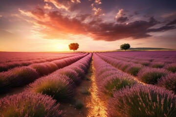 Wall Mural - Landscape with lavender field at sunset, Generative ai