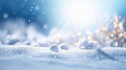 Festive Christmas natural snowy background, abstract empty stage, snow, snowdrift and defocused Christmas lights on light blue background, copy space