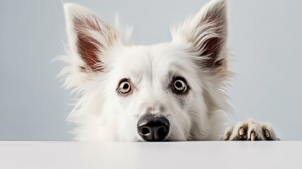 Wall Mural - Cute head of peeking dog isolated on white background. Space for text. Generative AI