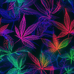 Wall Mural - Seamless pattern with cannabis marijuana leaves in neon colors. Dark background with hemp weed leaf. Generative AI