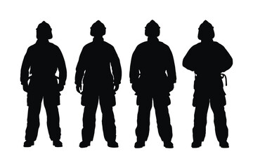 Wall Mural - Male firefighters standing in different position silhouette set vector. Modern fireman with anonymous faces silhouette. Emergency firefighters wearing uniforms. Fireman silhouette on white background.