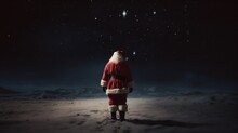 Santa Claus From The Back Standing Alone And Looking Forward At Night. Banner. Generative Ai
