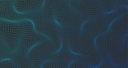 Poster - Abstract wavy 3d mesh. Geometric dynamic wave. Distorted square grid. Warped mesh texture. Wireframe wave geometry grid. Vector illustration