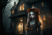 A Young Girl Wearing Gothic Outfit Stands In Front Of A Haunted House - Generative AI