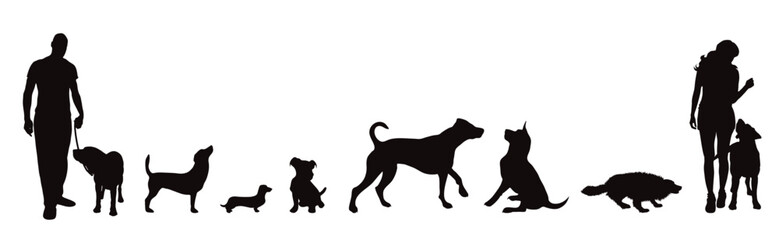 Set of vector silhouette of different dogs on white background.