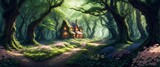 Fototapeta Las - Landscape of a beautiful wooden house deep in the fairytale enchanted forest with big trees and lush vegetation, on a calm spring day - Generative AI Illustration