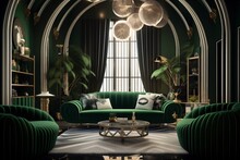 Art Deco Living Room With Sofa And Chandelier, Dining Room Interior Design With Luxury Decoration, Fictional Interior Created With Generative Ai 