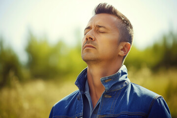 Portrait of a handsome young man in a denim jacket in a field