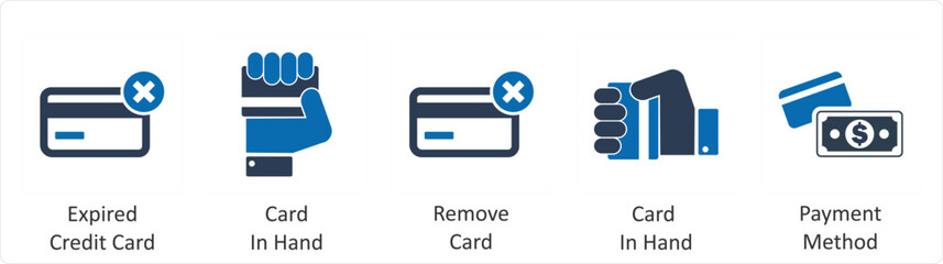 A set of 5 Business icons as expired credit card, card in hand, remove card