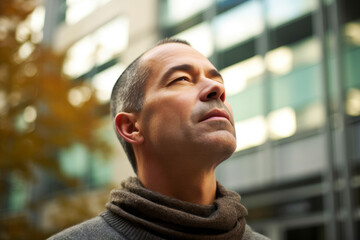 Wall Mural - Medium shot portrait photography of a man in his 40s practicing mindfulness sophrology relaxation & stress-reduction wearing a cozy sweater against a modern architectural background