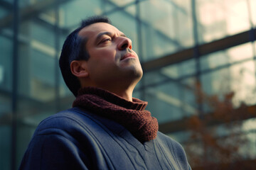 Medium shot portrait photography of a man in his 40s practicing mindfulness sophrology relaxation & stress-reduction wearing a cozy sweater against a modern architectural background