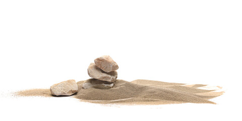 Wall Mural - Pile desert sand dune and stone isolated on white background, clipping path