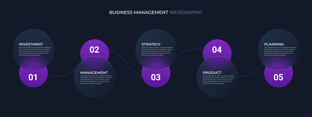 Business management infographic for 5 steps. Glassmorphism effect.