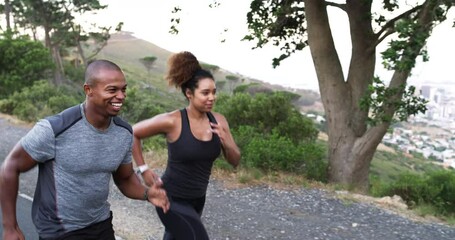 Wall Mural - Running, fitness and African couple on mountain road for healthy body, exercise and wellness. Sports, relationship and happy man and woman run for cardio workout, marathon and training outdoors